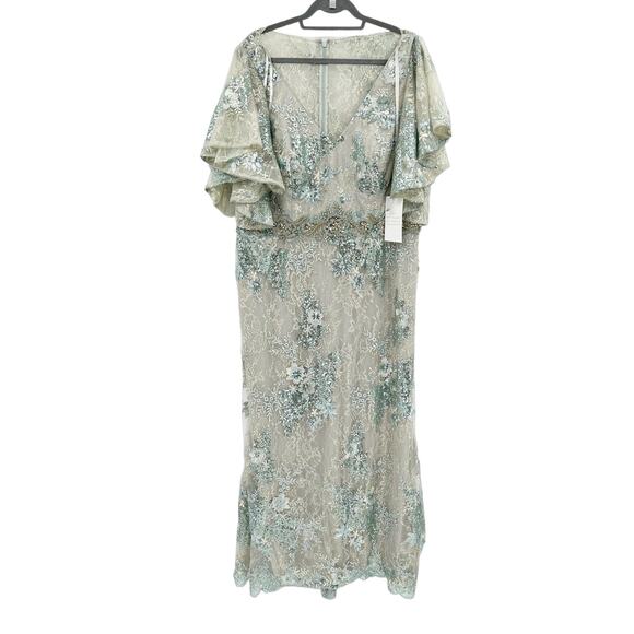 Mac Duggal 67842 Bell Sleeve Floral Seafoam Embellished Gown Dress 16 NWT - Picture 2 of 8